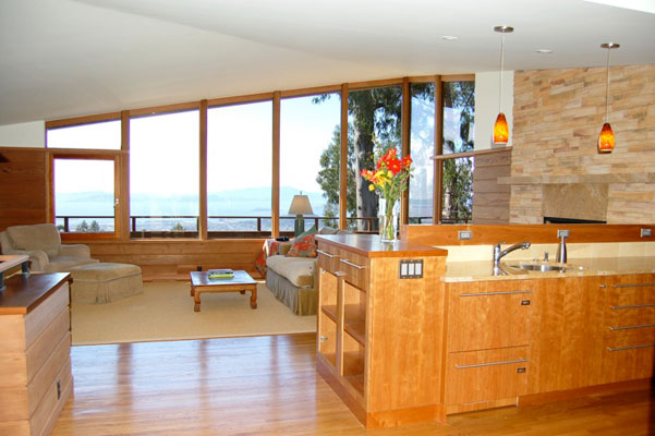 60's Modern Home Remodel, looking from kitchen through living room to the San Francisco Bay and Mount Tamalpais.