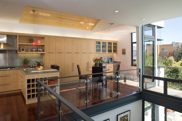modern kitchen remodel with breakfast nook, wet bar, custom cabinets and vaulted bamboo ceiling.