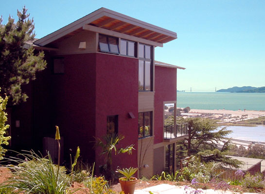 Exterior of addition to 60's era Albany home.  The San Francisco Bay, Golden Gate Bridge and Mount Tamalpais are in the background.