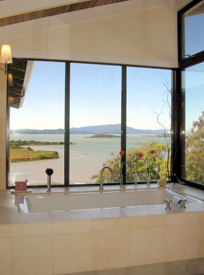 Stone tiled tub overlooking the San Francisco Bay