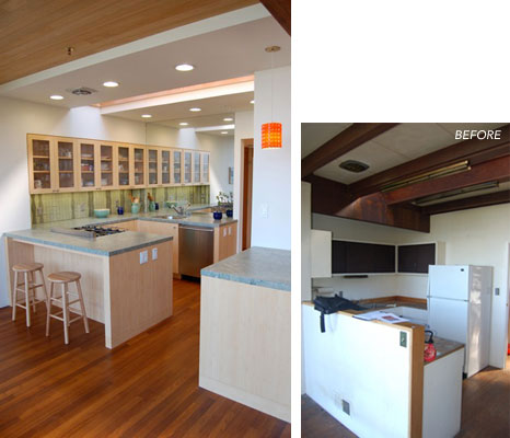 Before and after of kitchen, showing the improvement in light and materials.  A wall mirror adds to the sense of openness and takes advantage of the view of Sausalito.