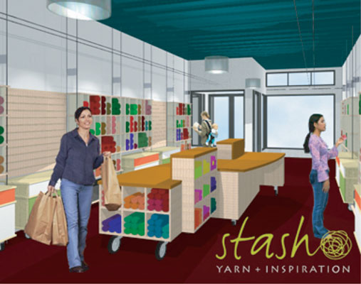 Rendering of store interior, showing display/work tables and custom shelving suspended by steel cables.