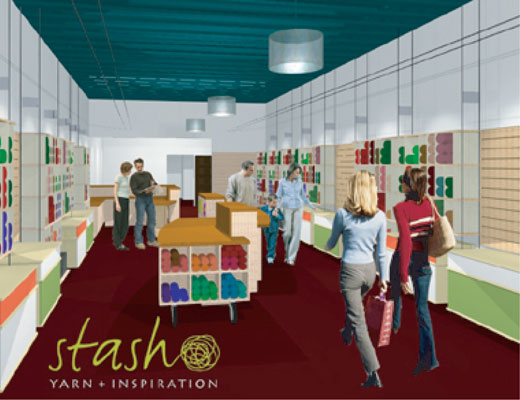 Rendering of store interior, showing display/work tables and custom shelving suspended by steel cables.