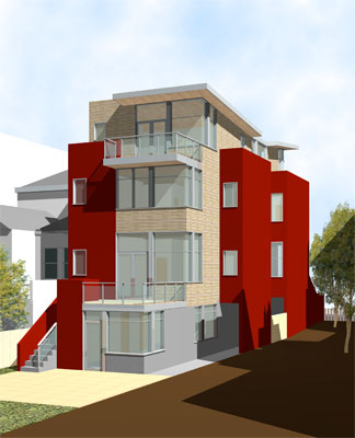 Rendering of rear elevation.  This new home in the Richmond District of San Francisco includes a penthouse den and game room, each opening onto roof decks with panoramic views.  A glass enclosed stairwell brings light into the heart of the house.  The kitchen and family room open onto a dining deck at the main level, while a ground floor guest suite enjoys direct access to the garden.