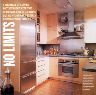 Kitchen view.  Full-height cabinetry takes advantage of the generous ceiling height to maximize available storage, and efficient layout provides plenty of work surface area.  Published in Better Homes and Gardens Kitchen and Bath Ideas, January 2002.