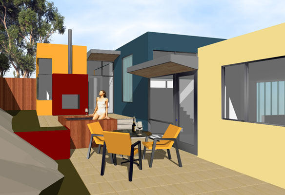 Rendering of exterior.  A new two-level patio with spa and indoor-outdoor fireplace activates the garden and becomes the focus of the master bedroom addition and reconfigured living spaces.